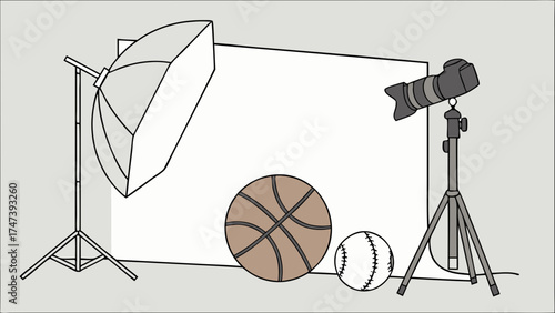 Studio photography setup with sports equipment camera on tripod lighting equipment backdrop illustration product photography template.