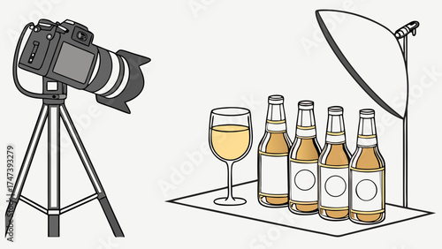 Studio Photography Setup with Drinks and Camera on Tripod Product Photography Template Mockup for Beverage Advertising.