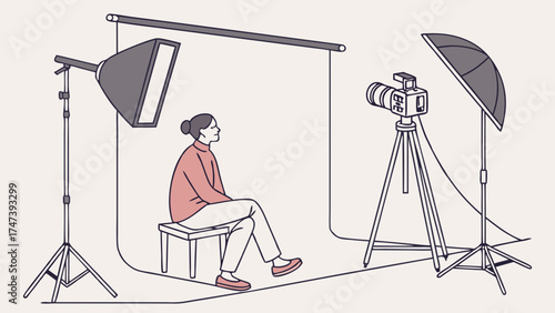 Studio Photography Setup Person Sitting for Portrait Photo Shoot Illustration Camera Lighting Equipment Backdrop Professional Photo Session Simple Line Art Minimalist Design Vector Graphic.