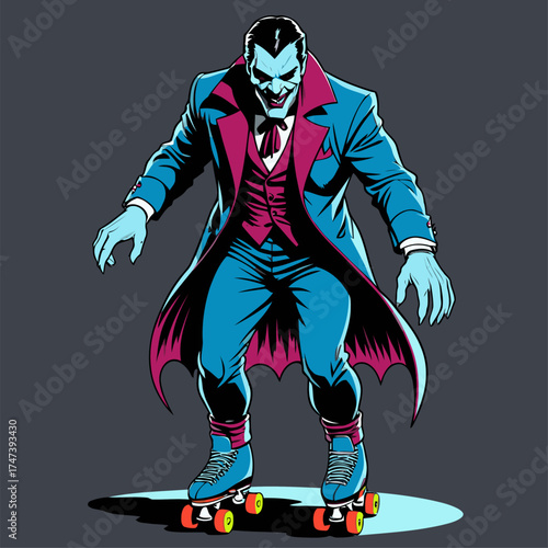 illustration of Dracula rollerblading