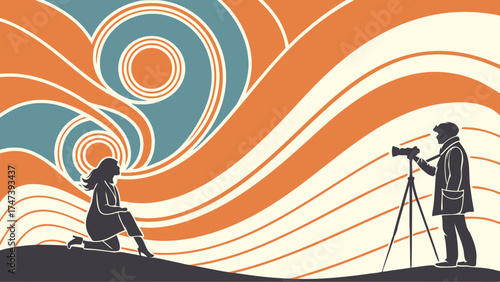 Stylish Abstract Photography Silhouette Illustration Photographer and Model Posing Against Swirling Pattern Background.