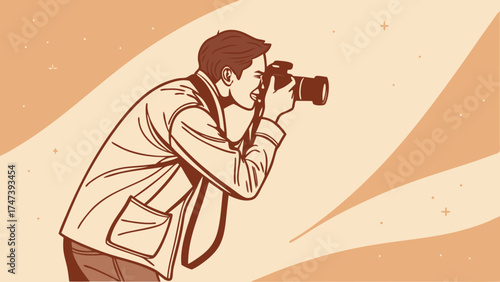 Stylish Photographer Taking a Picture with DSLR Camera Illustration Line Art Vintage Style.