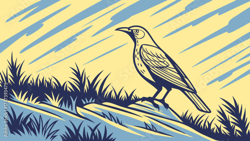 Stylized Bird Illustration in Grassy Landscape Vector Art Nature Design Wildlife Graphic.