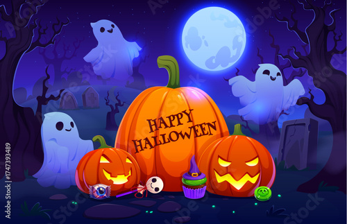 Halloween graveyard cemetery with funny white ghosts and jack o lantern pumpkin characters with carved faces between gravestones. Happy Halloween vector banner with cartoon ghosts in haunted forest