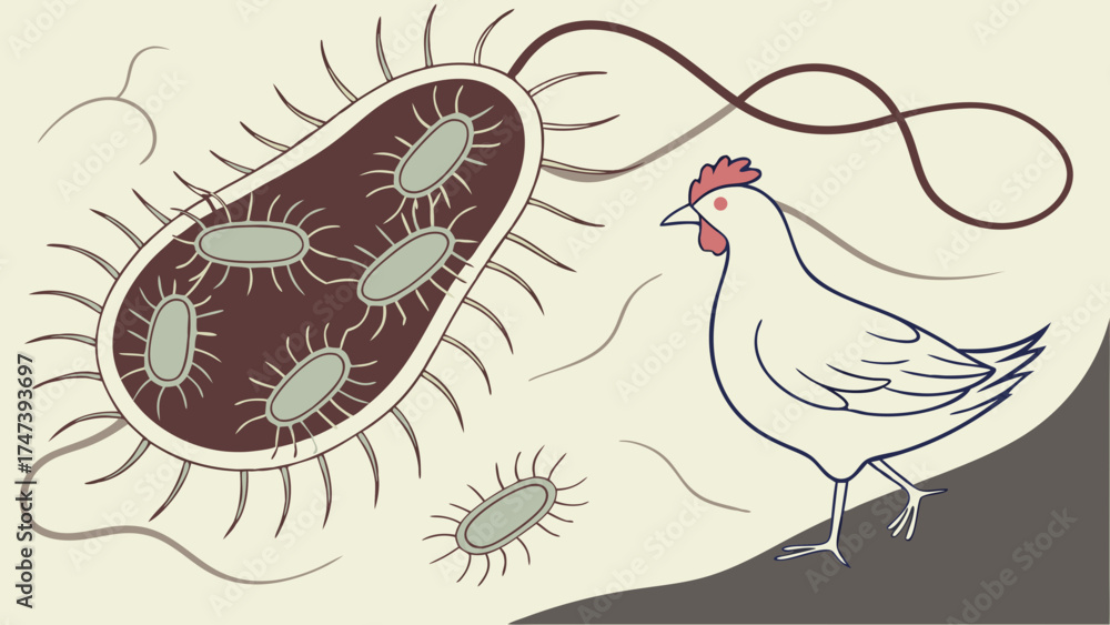 Obraz premium Stylized illustration of a chicken and bacteria poultry health food safety microbiology design.