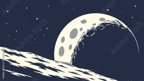 Stylized Crescent Moon and Starry Night Landscape Illustration for Design Projects.
