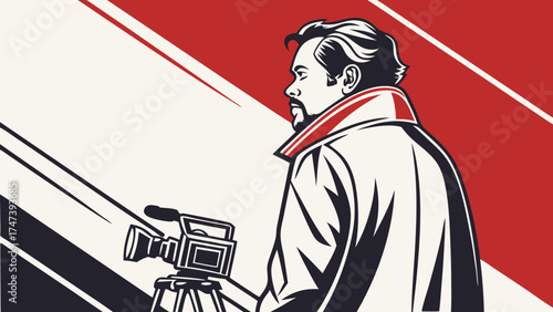 Stylized illustration of a cameraman with a vintage movie camera on a tripod.