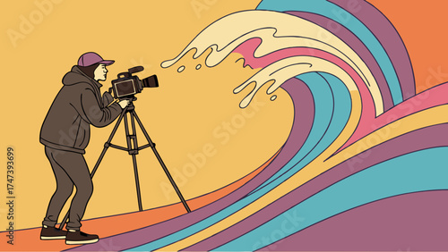 Stylized illustration of a filmmaker filming a colorful wave retro design vector art.
