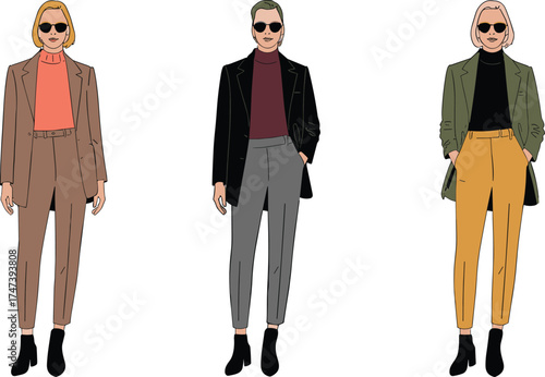 Stylish fashion trio in semi‑formal outfits, modern clothing illustration, sunglasses style, blazer and turtleneck design, trendy wardrobe inspiration artwork