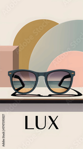 Dark framed sunglasses reflecting a beach scene with abstract shapes
