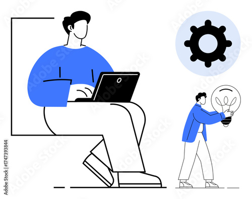Person working on a laptop alongside a smaller figure holding a large light bulb gear icon nearby. Ideal for ideas, collaboration, innovation, brainstorming, productivity, teamwork, simple flat