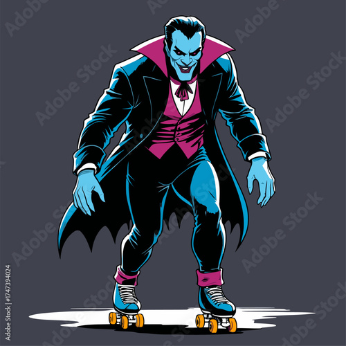 illustration of Dracula rollerblading