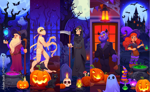 Cartoon Halloween characters collage with old wizard, wrapped mummy, grim reaper with scythe, horned monster and witch with potion cauldron. Halloween holiday vector collage with monster characters