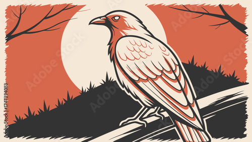 Stylized Raven Illustration Bird on Branch at Sunset Vintage Artwork Vector Graphic Halloween Gothic Design.