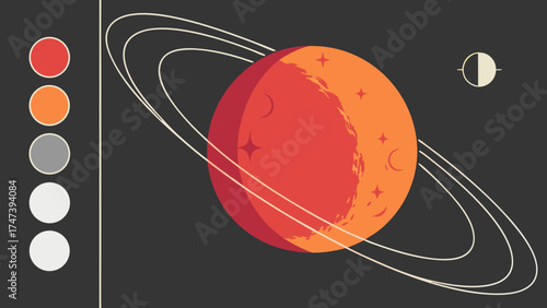 Stylized Planet with Rings and Moons Space Exploration Cosmic Artwork Mid Century Modern Design.