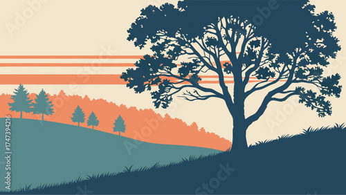 Sunset Landscape with Silhouetted Trees and Rolling Hills Nature Illustration Graphic Design Element.