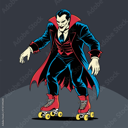 illustration of Dracula rollerblading