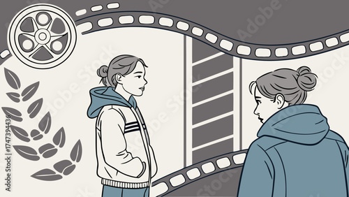 Two young women converse near a film reel cinematic illustration vector art movie theme.