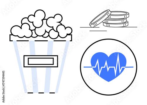 Popcorn bucket, heartbeat inside blue heart, and stacked coins emphasizing leisure, wellness, and finances. Ideal for health care, entertainment, budgeting, cinema heart health personal finance