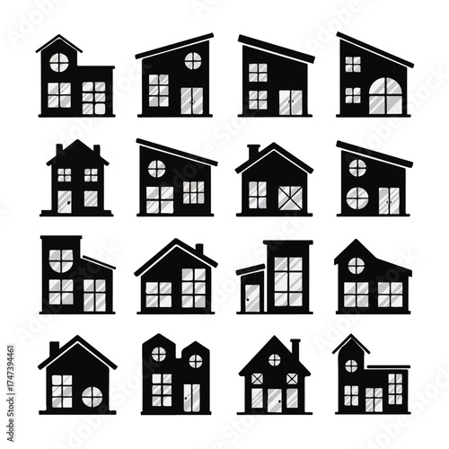 Houses stand silhouetted against a white backdrop, showcasing diverse architectural styles with simple lines and a minimalist aesthetic, evoking a sense of modern simplicity.