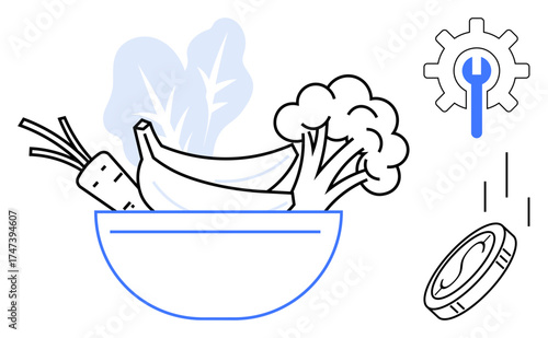 Bowl containing vegetables, bananas, and foliage. Coin near cogwheel highlights investment, growth, or innovation. Ideal for health, nutrition wellness tech funding farming and balance. Simple