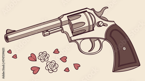 Vintage Revolver with Hearts and Flowers Retro Weapon Illustration Graphic Design Element Tattoo Design Western Theme.