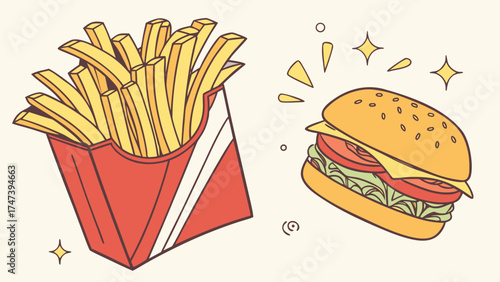 Delicious burger and french fries vector illustration for fast food restaurant menu and takeout orders concept