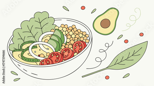 Delicious vegan buddha bowl recipe with fresh vegetables avocado and chickpeas for healthy eating diet plan