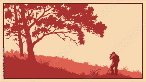 Vintage Style Silhouette of a Person Photographing Nature Scene Under a Tree.