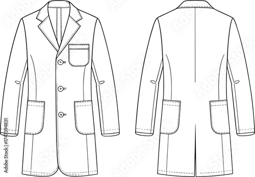 Technical coat sketch, fashion flat drawing, long sleeve outerwear design, front and back view, notched lapel jacket, garment construction illustration, apparel template