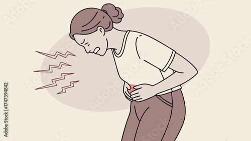 Woman experiencing stomach pain holding abdomen illustration minimalist style healthcare medical illness discomfort ache unwell sickness stomach ache abdominal pain gut pain digesti.