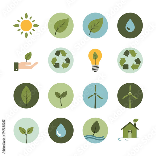 Collection of ecofriendly symbols representing sustainability and environmental awareness, presented in a clean and modern style, promoting a green lifestyle.