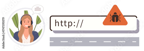 Female support agent with headphones assisting in resolving an online issue linked to a malware alert on a navigation bar. Ideal for cybersecurity, customer support, online safety, troubleshooting