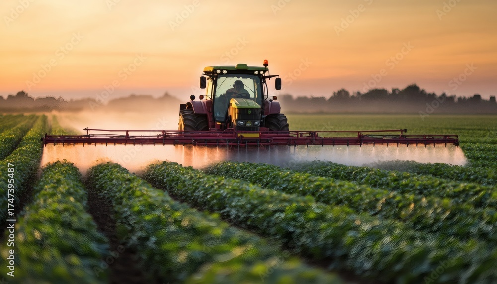Fototapeta premium A tractor equipped with a spraying mechanism is moving through rows of crops, applying treatment in a farm setting during the sunrise hours.