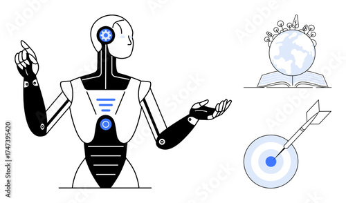 Futuristic AI robot gesturing, globe with flourishing elements on a book, arrow hitting target. Ideal for technology, AI, education, innovation, sustainability achievement success. Simple flat