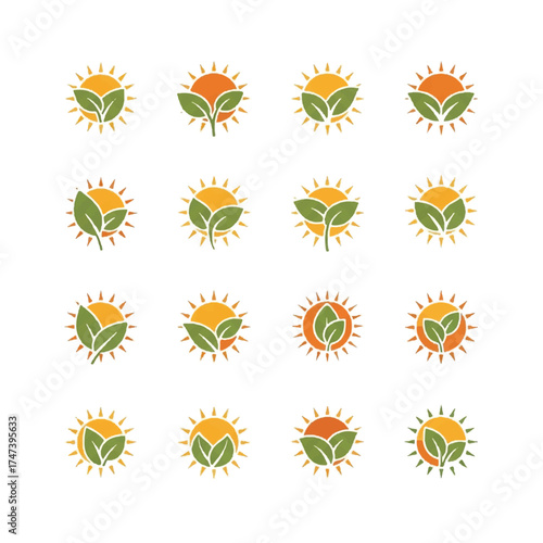 Sixteen sun and leaf emblems represent growth and nature, symbolizing ecofriendly practices and sustainable living with a bright and optimistic mood.