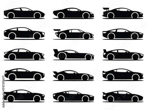 Race Car Icon Vector Set – Sports Car Silhouettes, Line Icons, and Motorsport Symbols