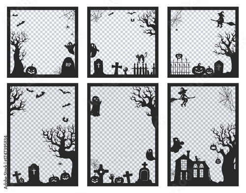 Halloween photo frames decorated with vector haunted house, pumpkins, gravestones, witches on brooms and cobweb, ghosts and spooky trees black silhouettes. Halloween frames with transparent background