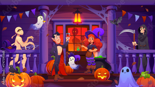 Halloween house porch with cartoon funny vampire and witch with cauldron, mummy, grim reaper and flying ghosts characters among glowing pumpkin lanterns. Halloween porch with garlands, cobweb and bats