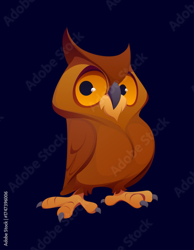 Cartoon Halloween brown owl character mascot with serious expression, fluffy feathers and pointed ears. Vector wise owlet personage with large, yellow eyes, embodying the wisdom, magic and mystery