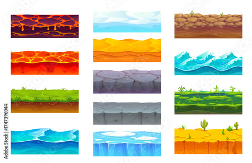 Game ground soil layers of lava and desert sand, grass and stone, ice and water, swamp and rocky terrain, ocean waves. Cartoon vector set of 2d game landscape tiles and environment platforms