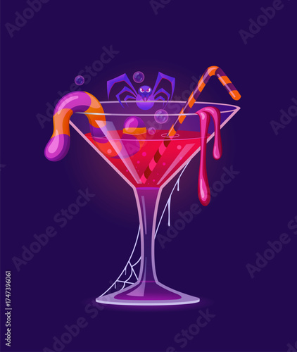 Halloween scary cocktail, with red liquid, striped worm candy, spooky spider and a dripping straw. Cartoon vector glass is decorated with creepy webs, fun and eerie holiday drink for festive bar menu