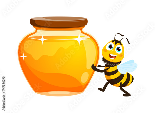 Honey jar and bee insect cartoon character. Bumblebee animal happy mascot, garden bee insect cute vector character. Honeybee baby funny isolated personage carrying fresh honey in glass jar