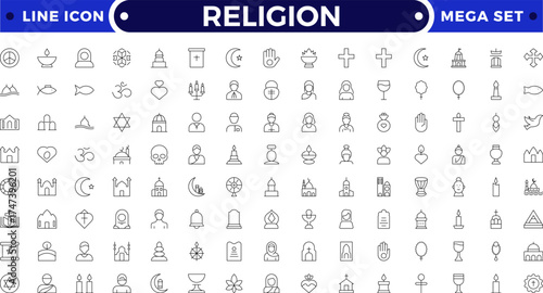 Religion outline icon collection. Includes church, bible, cross, prayer, dove, angel, faith, and worship symbols. Modern spiritual and religious outline icons for culture, heritage, and devotion theme