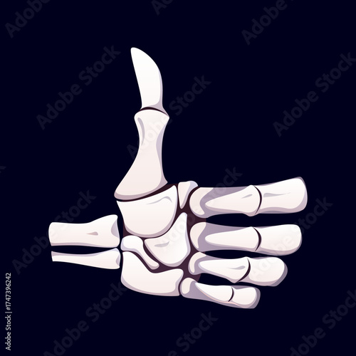 Halloween skeleton hand gesture, isolated hand with extended thumb raised upwards as positive thumbs up like gesture. Halloween holiday vector skeleton hand gesture of thumb up for OK and alright sign