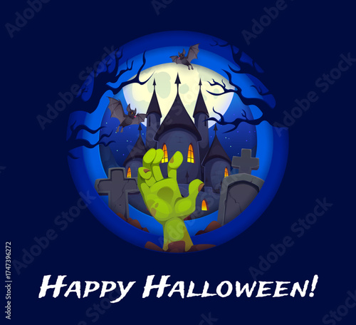 Happy Halloween paper cut banner, scary Halloween cemetery with green zombie hand rising from a grave in front of tombstones. Halloween holiday vector paper cut greeting card with zombie hand in grave