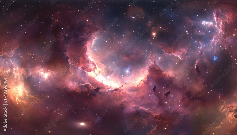 Fototapeta premium The illustration shows a nebula with glowing clouds of gas and dust, interspersed with bright stars of varying sizes and intensities.