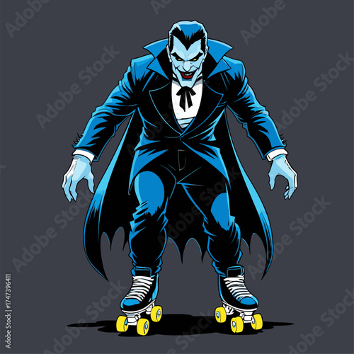 illustration of Dracula rollerblading