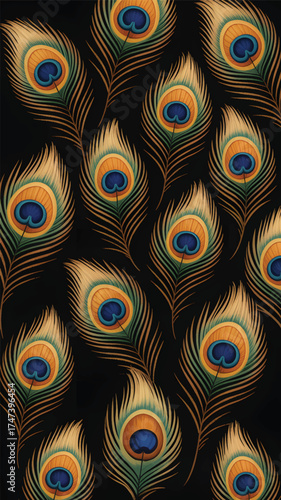 Peacock feather pattern with blue and gold eyes on black