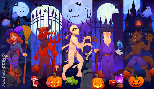 Cartoon scary and creepy Halloween characters. Witch with broom and black cat, devil, mummy and tombstones, wizard with magic crystal ball, werewolf with bats. Halloween holiday vector characters